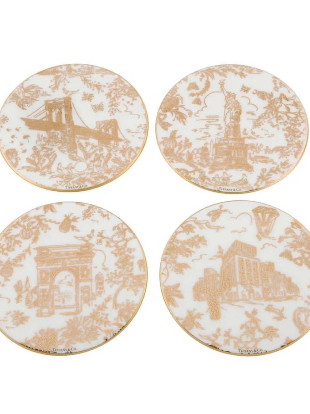 Tiffany & Co. White and Gold Scenic NYC Landmarks Porcelain Coaster Set, 4-Piece